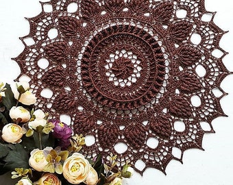 Crochet doily, floral pattern made with brown linen yarn