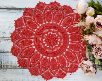 Crochet doily in deep coral  color