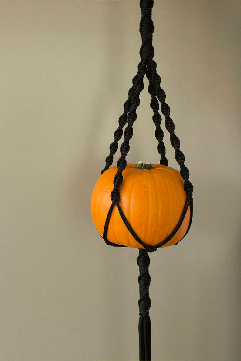 May include: A black macrame plant hanger with a small orange pumpkin hanging inside. The hanger has a long tassel at the bottom.