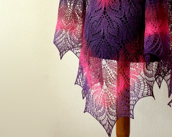 Hand Knit lace shawl in pink purple colors