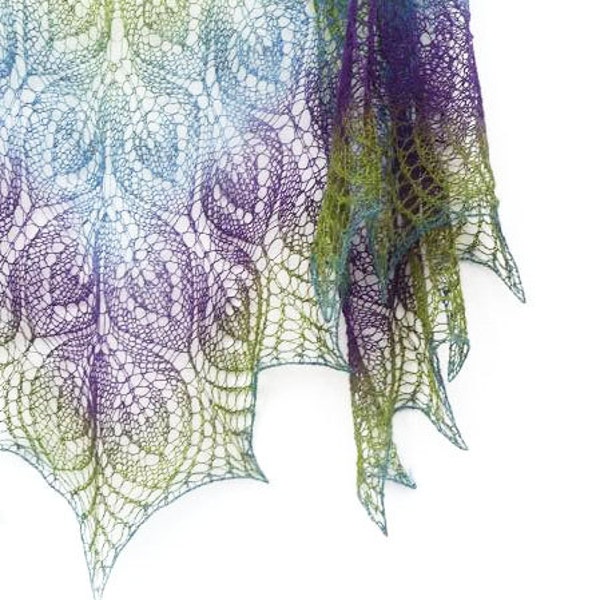 Peacock hand knit  lace shawl - purple, blue, green spring