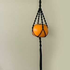 May include: A black macrame plant hanger with a small orange pumpkin inside. The hanger has a long tassel at the bottom.