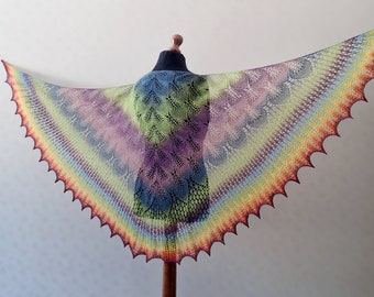 Hand Knit wool shawl with rainbow edges