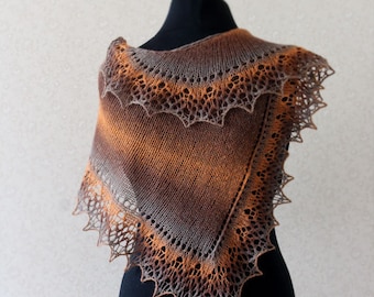 Knit lace scarf in honey brown and grey colors / Hand knit shawlette