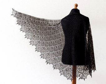 Black shawl - Hand knit linen shawl - femine lace shawl