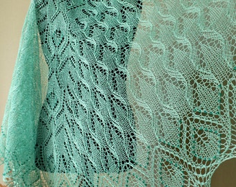 Beaded lace shawl hand knitted from pure linen yarn in mint color