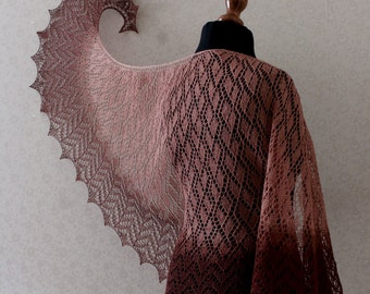 Handknit linen shawl in latte and chocholate brown colors.  Linen lace shawl with beautiful pattern