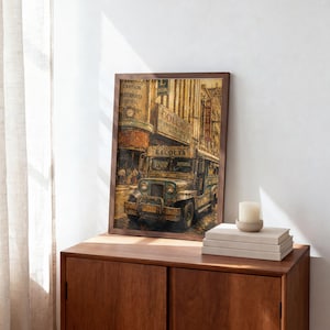 May include: A framed wall art print depicting a vintage jeepney on a city street with buildings in the background. The artwork features warm, sepia-toned colors and shows the vehicle with the text ESCOLTA and COLLADO INSURANCE visible.