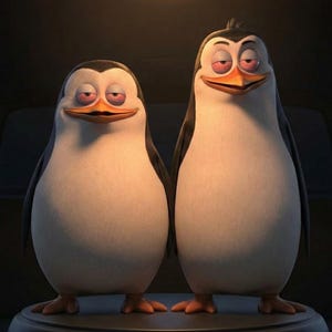 Puede incluir: Dos pingüinos animados de pie uno al lado del otro, con plumaje blanco y negro, picos naranjas y patas naranjas. Ambos personajes tienen los ojos entrecerrados, aspecto somnoliento y sonrisas amplias y sutiles en estilo digital 3D.