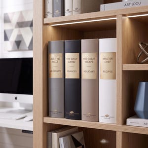 May include: Four vertical storage binders with gold labels on a light wood shelf. The labels read All The Bills Mr Grumpy, The Daily Grind Finances, The Great Escape Holidays, and Master Chef Recipes. Each binder features a small gold logo at the base.
