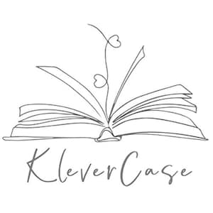 May include: A black and white line drawing of an open book with a single stem with two hearts growing from the top of the book. The text "Klever Case" is written below the book.