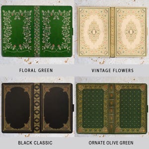 May include: Four book covers are shown. The top left is green with a floral design and the text "FLORAL GREEN". The top right is beige with floral patterns and the text "VINTAGE FLOWERS". The bottom left is black with gold accents and the text "BLACK CLASSIC". The bottom right is olive green with gold accents and the text "ORNATE OLIVE GREEN".