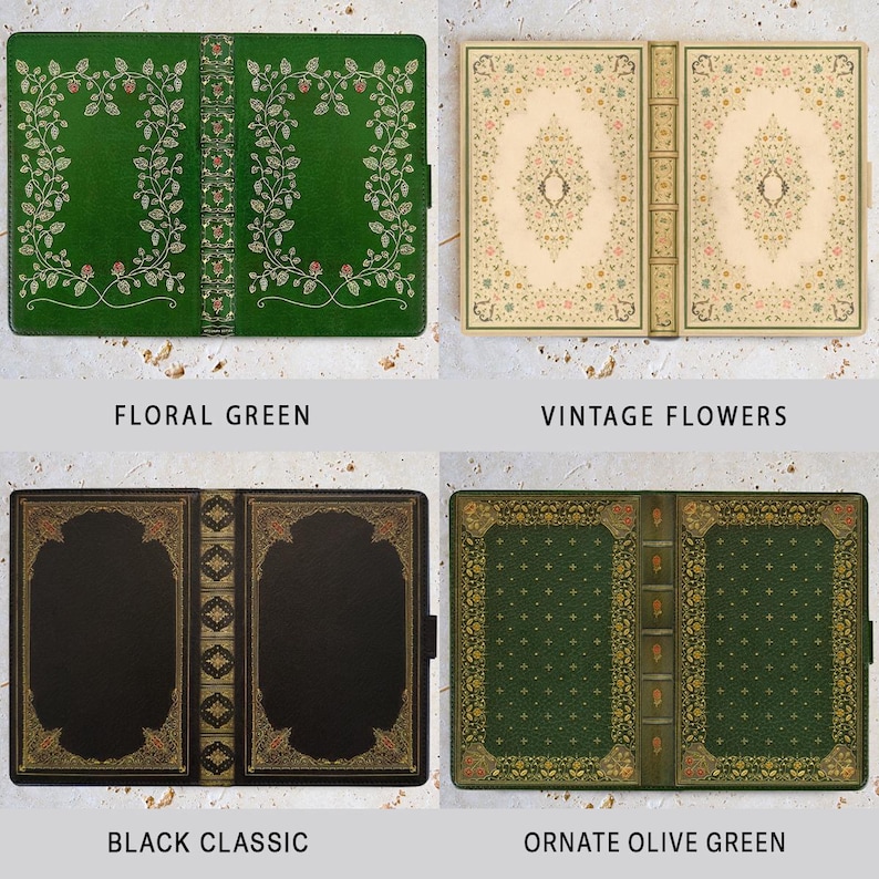 May include: Four book covers are shown. The top left is green with a floral design and the text "FLORAL GREEN". The top right is beige with floral patterns and the text "VINTAGE FLOWERS". The bottom left is black with gold accents and the text "BLACK CLASSIC". The bottom right is olive green with gold accents and the text "ORNATE OLIVE GREEN".