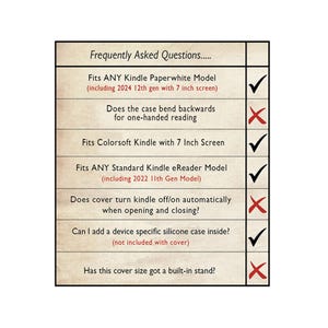 A white document titled "Frequently Asked Questions" with a list of seven questions and red checkmarks or X marks indicating yes or no answers.