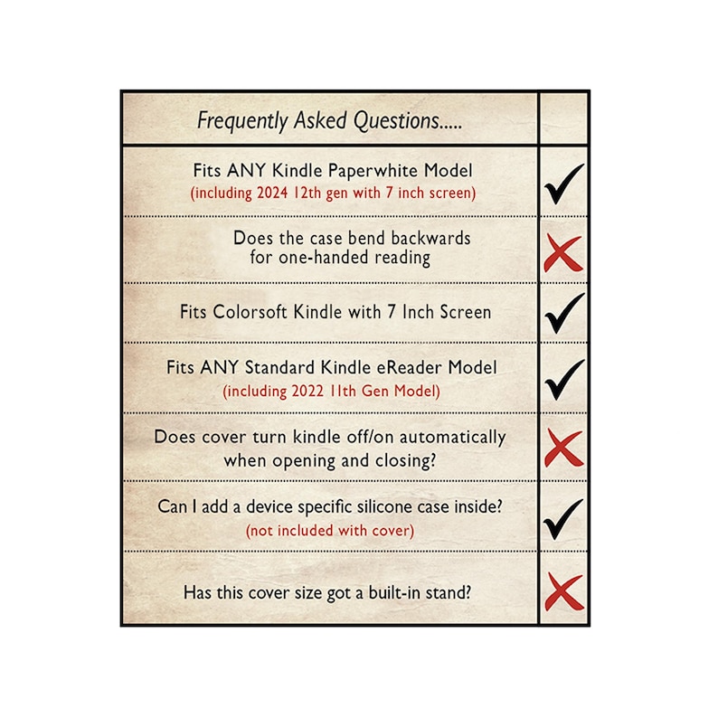 A white document titled "Frequently Asked Questions" with a list of seven questions and red checkmarks or X marks indicating yes or no answers.