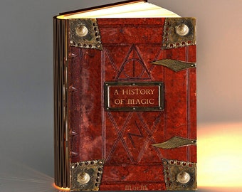 Lampada da libro a tema History of Magic Potter per lampada da scrivania, da lettura, da terra o da notte. Vari design iconici per copertine di libri.