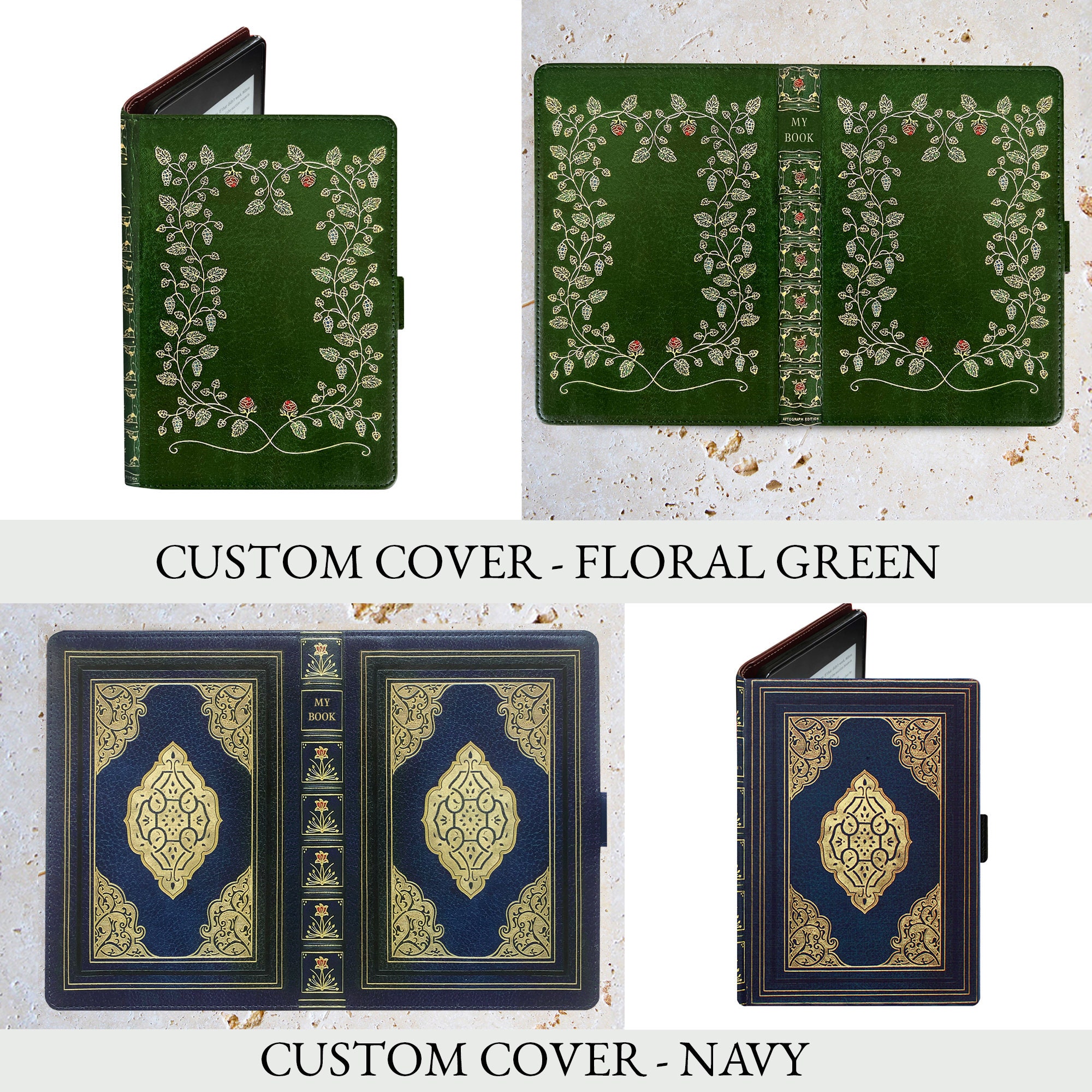Ornate Olive Green - Luxury Faux Leather Case - Universal eReader Case