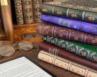 Book-look case for kindle, kindle paperwhite, colorsoft, oasis, scribe, kobo clara, libra and most e-readers. Faux leather covers.