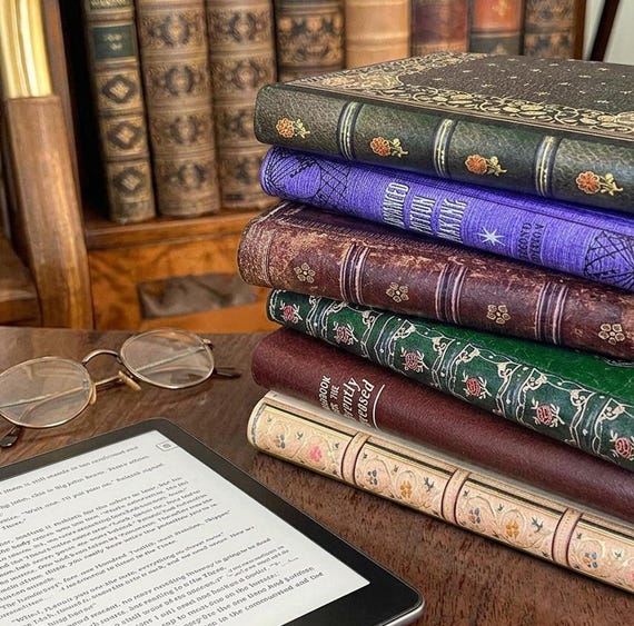 Book-look case for kindle, kindle paperwhite, colorsoft, oasis, scribe, kobo clara, libra and most e-readers. Faux leather covers.