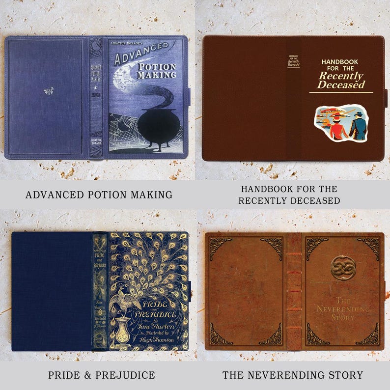 May include: Four book covers are shown. The first is blue with the text "Advanced Potion Making" and a cauldron illustration. The second is brown with the text "Handbook for the Recently Deceased" and a sticker. The third is blue with "Pride & Prejudice" and peacock design. The fourth is brown with "The Neverending Story".