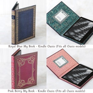 May include: Two book-style Kindle Oasis cases. The top case is royal blue with gold accents and the bottom case is pink with gold accents. Both cases have a decorative design and say "My Book" on the spine. The cases are designed to fit all Kindle Oasis models.
