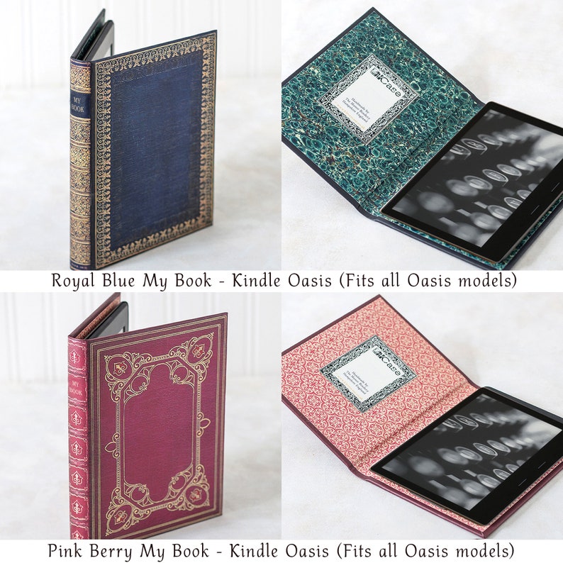 May include: Two book-style Kindle Oasis cases. The top case is royal blue with gold accents and the bottom case is pink with gold accents. Both cases have a decorative design and say "My Book" on the spine. The cases are designed to fit all Kindle Oasis models.