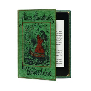 May include: A green book cover with the title "Alice's Adventures in Wonderland" and an illustration of Alice falling down a rabbit hole. The cover is designed to look like an old book.