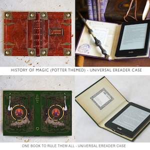 May include: Two universal e-reader cases with book covers. The first case features a red leather cover with gold accents and the text "A History of Magic". The second case features a green cover with a circular design and the text "One Book to Rule Them All".