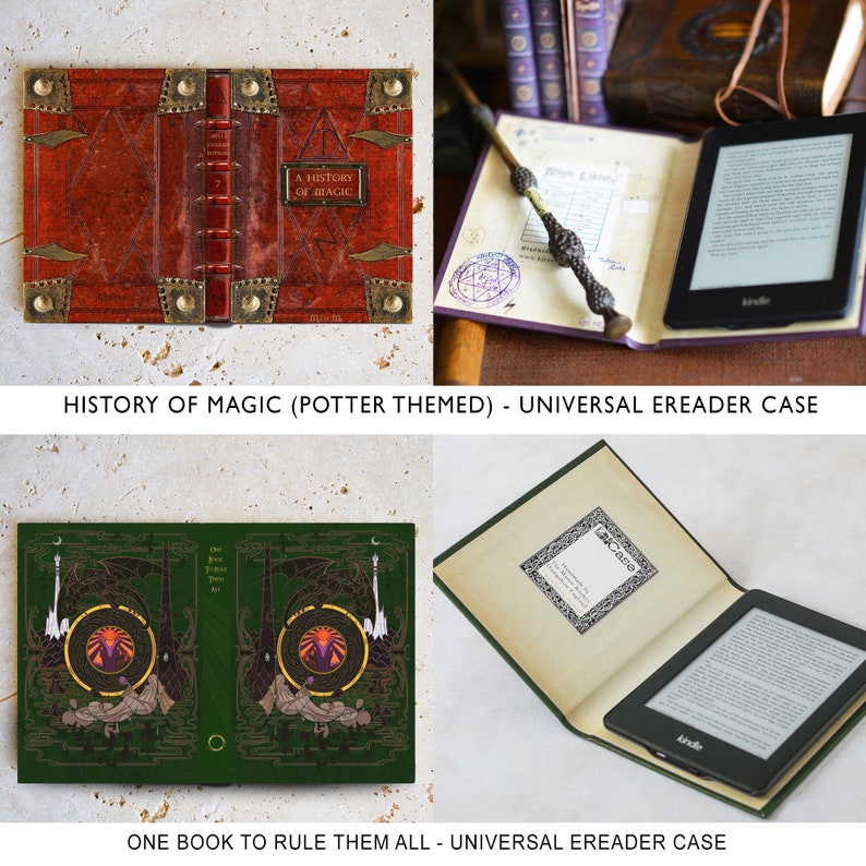 May include: Two universal e-reader cases with book covers. The first case features a red leather cover with gold accents and the text "A History of Magic". The second case features a green cover with a circular design and the text "One Book to Rule Them All".