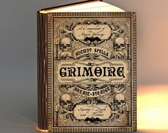 Lampe de poche Grimoire Magic Book pour lampe de bureau, lecture, lampadaire ou veilleuse. Divers modèles de couvertures de livres emblématiques.