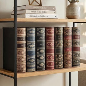 May include: A set of seven decorative book boxes labelled Family History Vol. 1 through Vol. 7, featuring ornate gold-toned patterns on brown, blue, black, and red spines. Above them, three books titled Makers of History, Textiles of the Andes, and The Modern Collector.