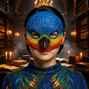 May include: A parrot mask featuring a vibrant gradient of blue, yellow, and red feathers with a prominent black beak. The mask covers the upper face, revealing the eyes, and is paired with a dark blue high-neck top adorned with a colorful feather pattern.
