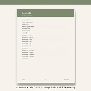 Könnte beinhalten: Eine digitale Budgetplaner-Seite mit einer salbeigrünen Kopfzeile mit der Aufschrift Contents. Sie listet Abschnitte wie Yearly Financial Overview, Debt Payoff Plan, Savings Goal Trackers sowie monatliche Budgetseiten von Januar bis Dezember auf.