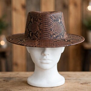 Snake Print Fedora Hat Women, Brown Python Embossed Leather Hat, Boho Wide Brim Hat, Handmade Fedora, Festival Hat, Birthday Gift for Her