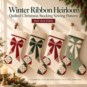 May include: Four quilted Christmas stockings hanging on a wall, each featuring a large bow and geometric accents. The text reads: Winter Ribbon Heirloom, Quilted Christmas Stocking Sewing Pattern, PDF PATTERN, 4 COLORWAYS, STEP-BY-STEP GUIDE, FULL-SIZE TEMPLATES.