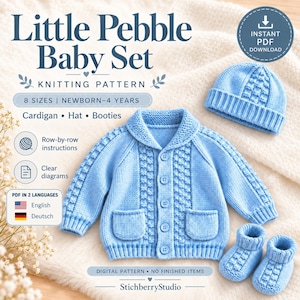 May include: A digital knitting pattern for a Little Pebble Baby Set, including a light blue cardigan, hat, and booties. The text includes 8 sizes from newborn to 4 years, row-by-row instructions, clear diagrams, and availability in English and German.