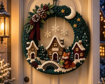 May include: A circular crochet wreath featuring a winter village scene with three small houses, a stone bridge, and a fox holding a gift. The wreath is decorated with pine branches, pinecones, red berries, a crescent moon, stars, and hanging snowflakes.