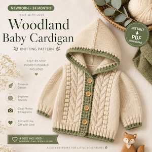 May include: A cream-coloured hooded baby cardigan knitting pattern featuring cable knit details, four wooden buttons, and green trim. The text reads: Woodland Baby Cardigan, Newborn-24 Months, Knit with Love, Instant PDF Download, 4 Sizes Included.
