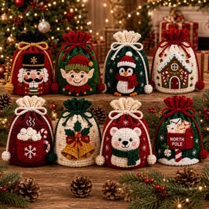May include: Eight crocheted drawstring gift bags featuring festive holiday designs including a nutcracker, elf, penguin, gingerbread house, mug of cocoa, bells, polar bear, and a North Pole mailbox, all with cream-colored drawstring closures.