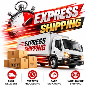 May include: A white delivery truck with the text EXPRESS SHIPPING on its side, positioned next to a stack of brown cardboard boxes. Above, a large stopwatch graphic with red motion lines. Below, four red circular icons with white symbols.