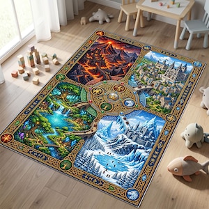 May include: A rectangular area rug featuring a four-quadrant design depicting a volcanic landscape, a medieval castle, a lush forest with waterfalls, and a snowy mountain range, all connected by a central circular emblem with a golden crown.