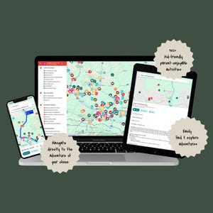 Peut inclure: Un ordinateur portable, une tablette et un smartphone affichant une interface de carte numérique avec diverses icônes de localisation. Des bulles de texte indiquent : 350+ Kid-friendly parent-enjoyable activities, Easily find & explore adventures, et Navigate directly to the adventure of your choice.