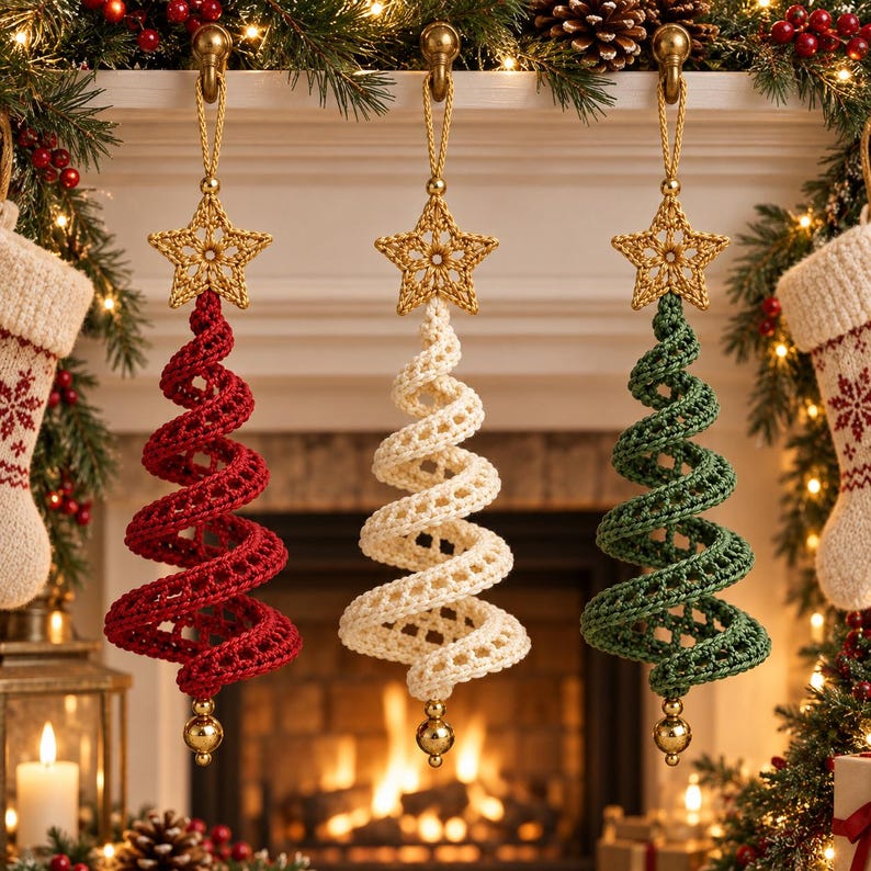 May include: Three hanging Christmas tree ornaments in red, cream, and green. Each spiral-shaped tree is crafted from crochet yarn, topped with a gold-colored crocheted star, and finished with a small gold-toned bead at the bottom point.