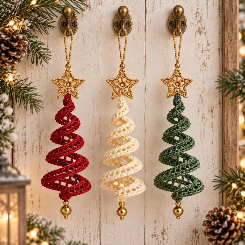 May include: Three spiral-shaped Christmas tree ornaments made of crocheted yarn in red, cream, and dark green. Each ornament features a gold-colored crocheted star at the top, a gold hanging loop, and a small gold bead at the bottom point.
