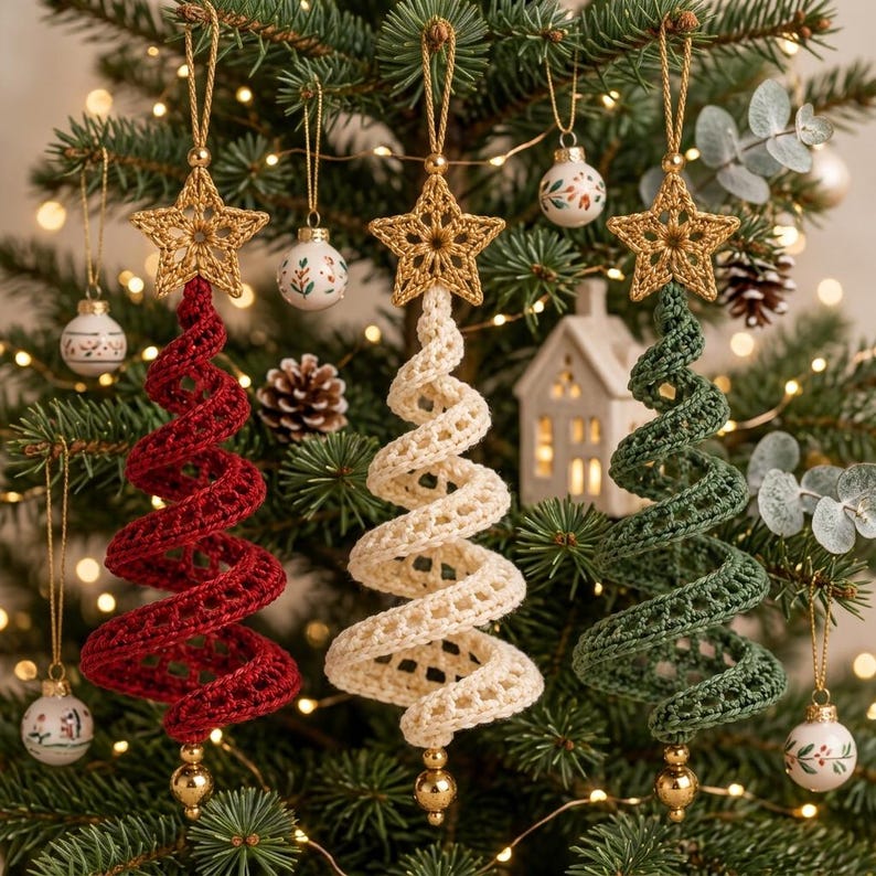 May include: Three hanging Christmas tree ornaments made of crocheted yarn in red, cream, and dark green. Each spiral-shaped tree is topped with a gold-colored crocheted star and features a small gold bead at the bottom, suspended by a gold cord.