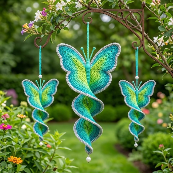 Crochet Butterfly Wind Spinner Pattern - Spiral Hanging Decor, Outdoor Garden Ornament PDF