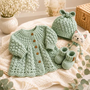 May include: A sage green crochet set featuring a long-sleeve button-down cardigan with a textured pattern, a matching beanie with a bow detail, and a pair of booties. A small crocheted cat toy with green stripes and a bow tie accompanies the set.