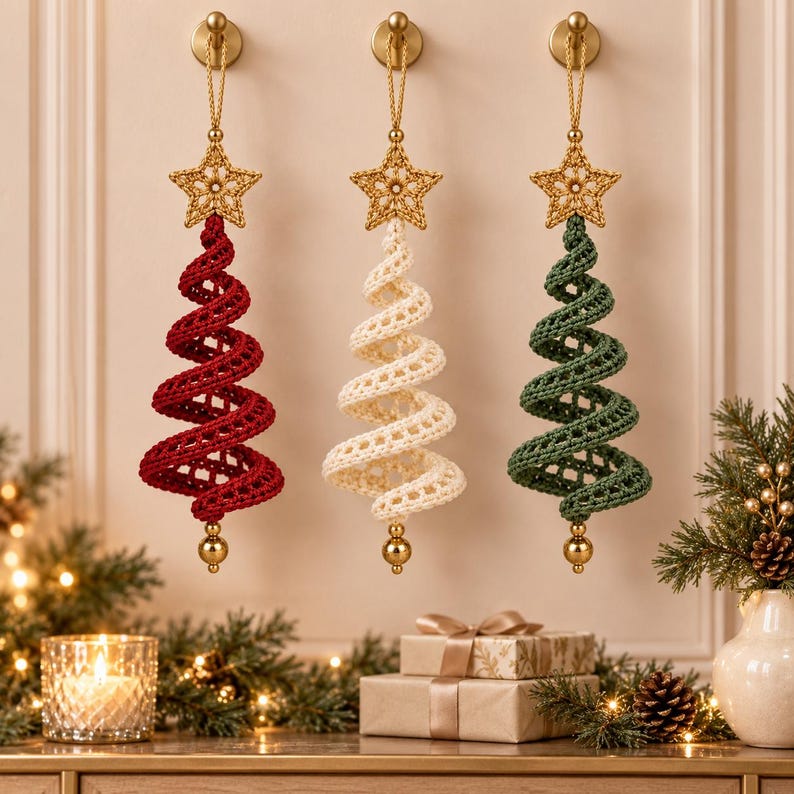 May include: Three hanging spiral Christmas tree ornaments in red, cream, and green. Each tree is crocheted with a textured pattern, topped with a gold crocheted star, and finished with a small gold bead at the bottom, suspended by a gold cord.