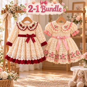 May include: Two cream-colored crochet dresses hanging on wooden hangers. The left dress features a dark red collar, cuffs, and hem with a matching red bow. The right dress has a pink collar, puff sleeves, and hem with pink floral accents and a pink bow.