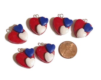 Patriotic heart charms, heart charms, USA charms, Texas charms, Independence day, Red White and Blue Hearts, Polymer clay charms, bulk charm